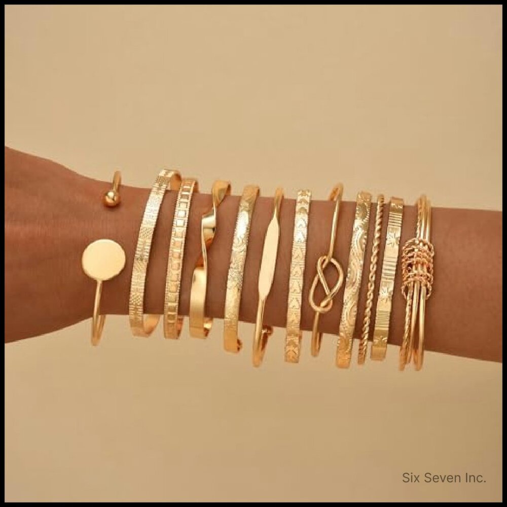 Gold Plated Bangle Bracelets Stackable Set Textur… - image 7